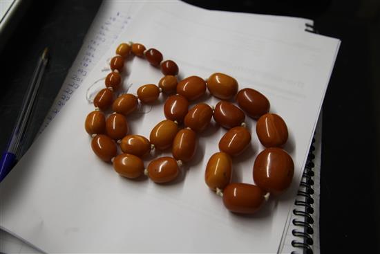 A single strand graduated oval amber bead necklace, 80cm.